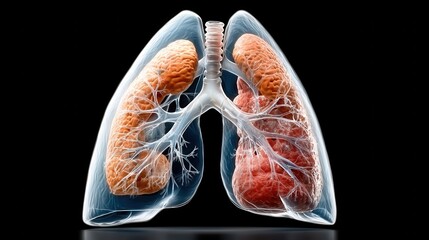 Detailed 3D transparent digital showcasing the intricate anatomy and structure of the human respiratory system including the lungs bronchi trachea and alveoli