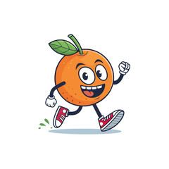 Energetic Orange Mascot: An animated orange fruit, brimming with vitality, joyfully sprints forward, embodying the essence of freshness and health.
