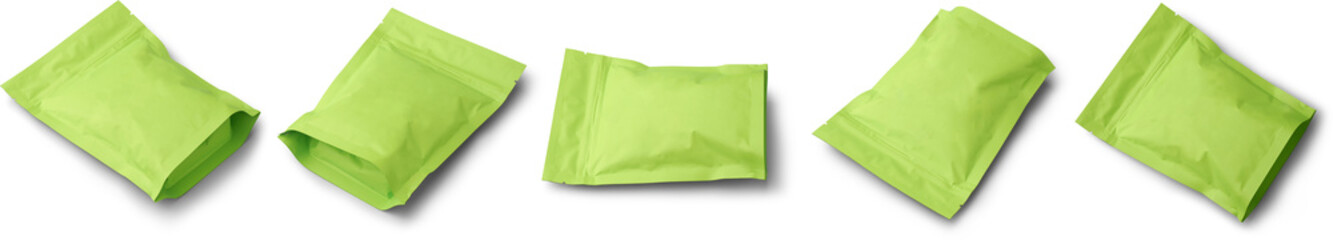 set of lime green stand-up pouches or foil bags isolated white background, blank mock-up template...