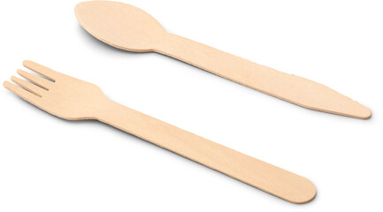 disposable wooden fork and spoon isolated white background, eco-friendly alternative single use cutlery, used in parties, picnics, takeaway meals