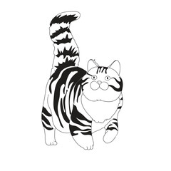 Detailed black and white vector illustration of a chubby striped cat in standing pose. Great for pet design, coloring books, minimal animal artwork, and cute feline-themed compositions.