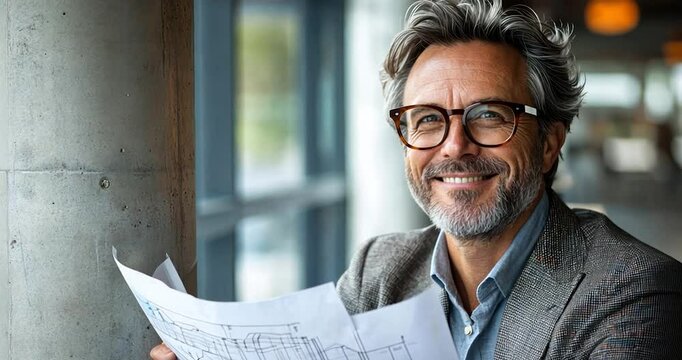 Happy mature man reviewing documents near window.