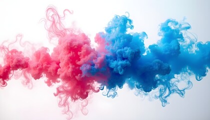 A dynamic composition of pink and blue smoke on a plain white background