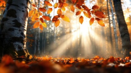 Stunning autumn landscape with warm sunlight beams shining through a vibrant colorful forest filled with red orange and yellow fall foliage  Magical enchanting and atmospheric scene of natural beauty