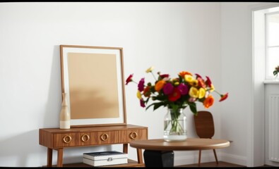 A sleek and minimalist Scandinavian room where a brown mock-up poster frame a wooden console adorned with brass rings and vibrant flowers arranged in a glassy vase created a harmonious design composit