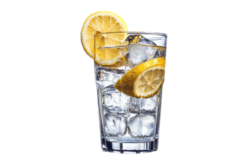 Glass of water with lemon and ice isolated on a transparent background