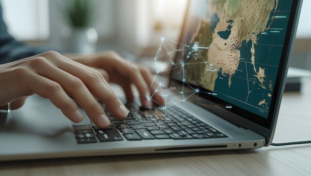 Global Navigation System High-Quality Closeup of Hands Typing on Laptop with Interactive Map Display