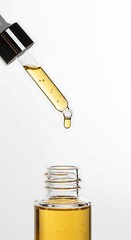 A minimalist studio shot of a glass cosmetic dropper with a single drop of clear, golden serum falling from the tip. Clean, bright, white background. Luxury skincare concept.