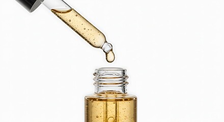 A minimalist studio shot of a glass cosmetic dropper with a single drop of clear, golden serum falling from the tip. Clean, bright, white background. Luxury skincare concept.