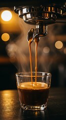 An extreme close-up, photorealistic shot of rich, creamy espresso pouring from a portafilter into a small glass cup. A dark, moody café background with rising steam.