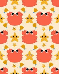 Fototapeta premium Cute red crab and starfish seamless pattern in beach theme. Adorable vector for children's textiles, nursery prints, or wallpapers