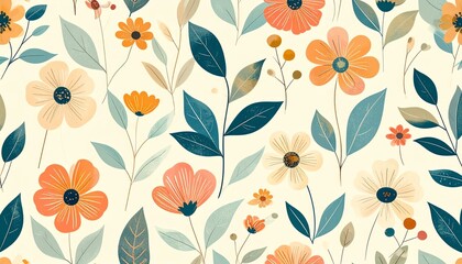 Seamless Peach Orange Teal Floral Pattern on Cream Background