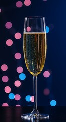 A single, elegant champagne flute filled with golden, bubbling champagne against a dark background with beautiful, soft bokeh lights. Celebration and luxury concept.