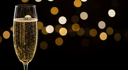 A single, elegant champagne flute filled with golden, bubbling champagne against a dark background with beautiful, soft bokeh lights. Celebration and luxury concept.