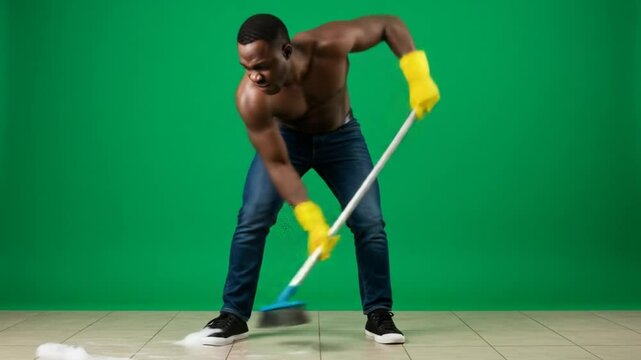 Man sweeping floor studio shot