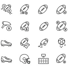 Eine Reihe von Fu&szlig;ballsymbolen, die Ausr&uuml;stung, Spielablauf und Finanzaspekte in einem detaillierten Umrissstil pr&auml;sentieren. Die monochromen Symbole heben die Funktionen, die Ausr&uuml;stung