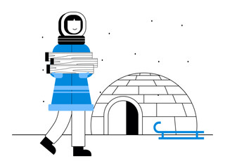Woman carrying wood to heat the house. Snowy day illustration. Winter fun activity. Flat vector illustration.