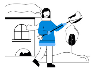 Woman is lifting and moving snow with a shove in the yard. Snowy day illustration. Winter fun activity. Flat vector illustration.