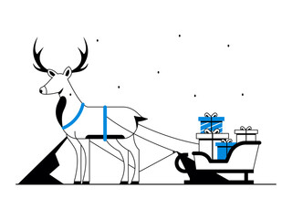 Deer cart brings many gifts. Snowy day illustration. Winter fun activity. Flat vector illustration.