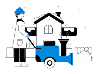 Man on the street cleaning snow using machine. Snowy day illustration. Winter fun activity. Flat vector illustration.