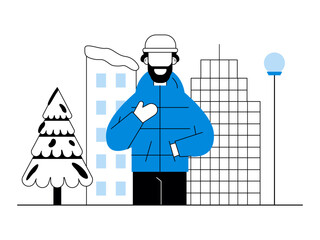 Young man in a warm down jacket is standing on the street. Snowy day illustration. Winter fun activity. Flat vector illustration.