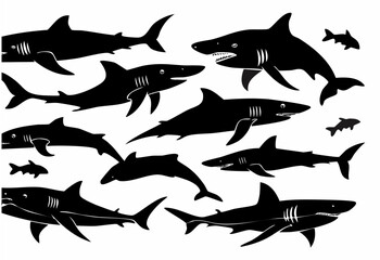 Collection of fish and shark silhouette vector illustrations with modern black design and vibrant colorful fish, ideal for marine-themed art, prints, and digital projects