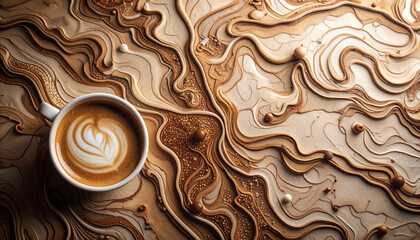 Coffee foam topographical map with sugar contour lines . Generated Image