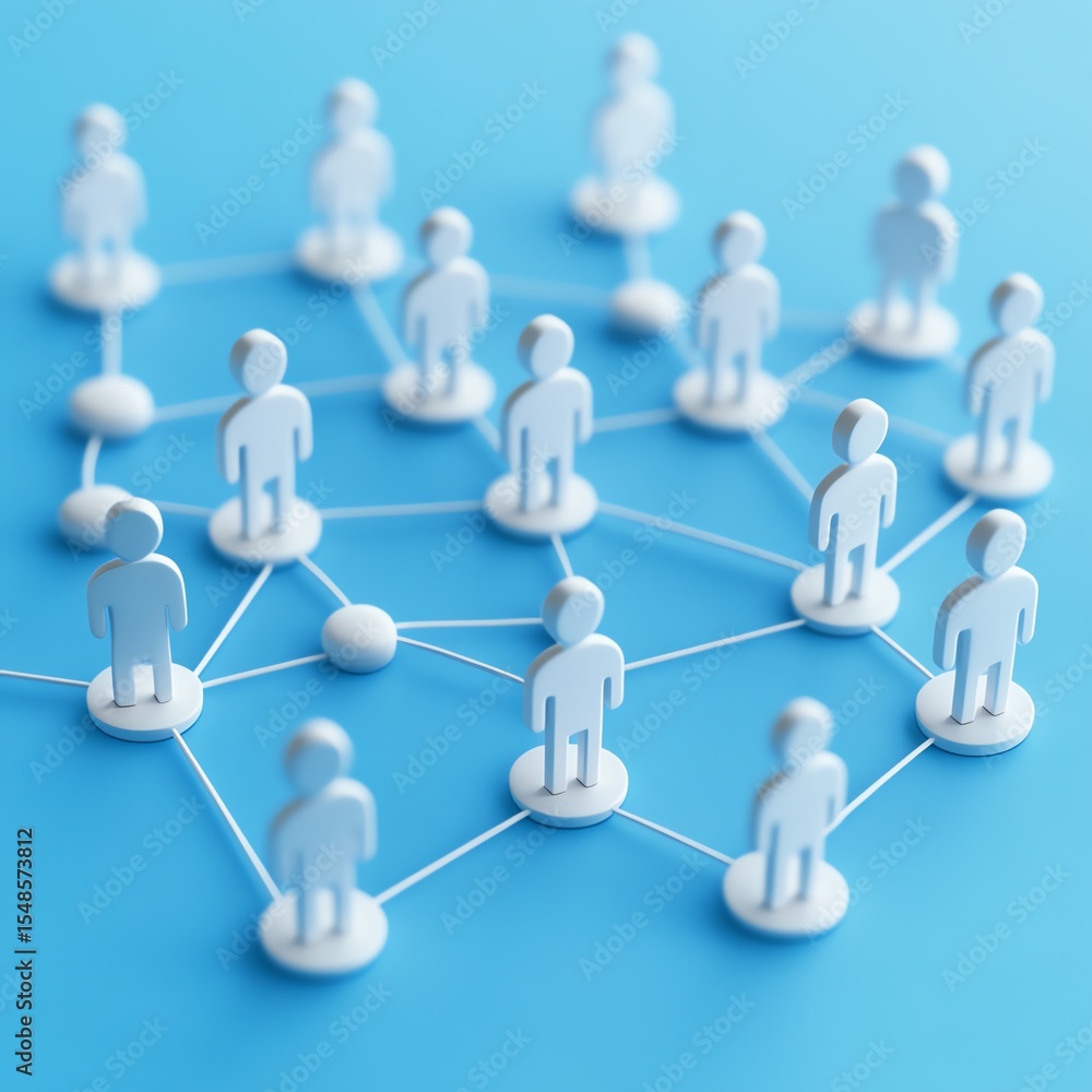 Poster Concept of team, management, social network. Connected circles with people icon on blue background - 3d rendering  high resolution   for isolate image