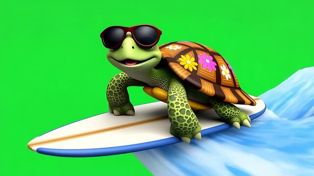 Cool Turtle Surfer on Green Screen: Fun Summer 3D Render