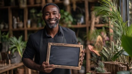 Smiling Man in Garden Store Holding Chalkboard with Wooden Frame