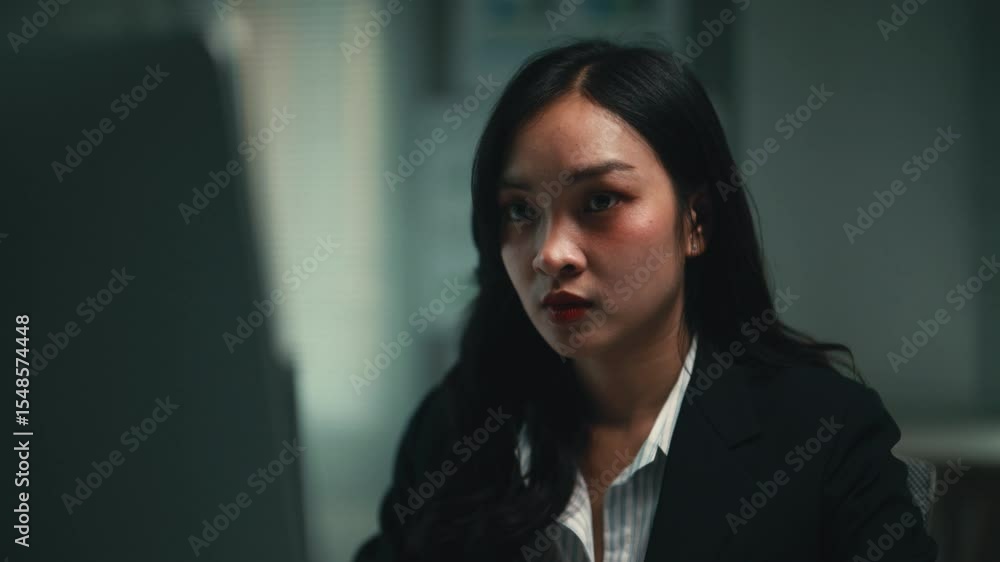 Aufkleber professional businesswoman reviewing financial data, carefully typing on keyboard while analyzing co