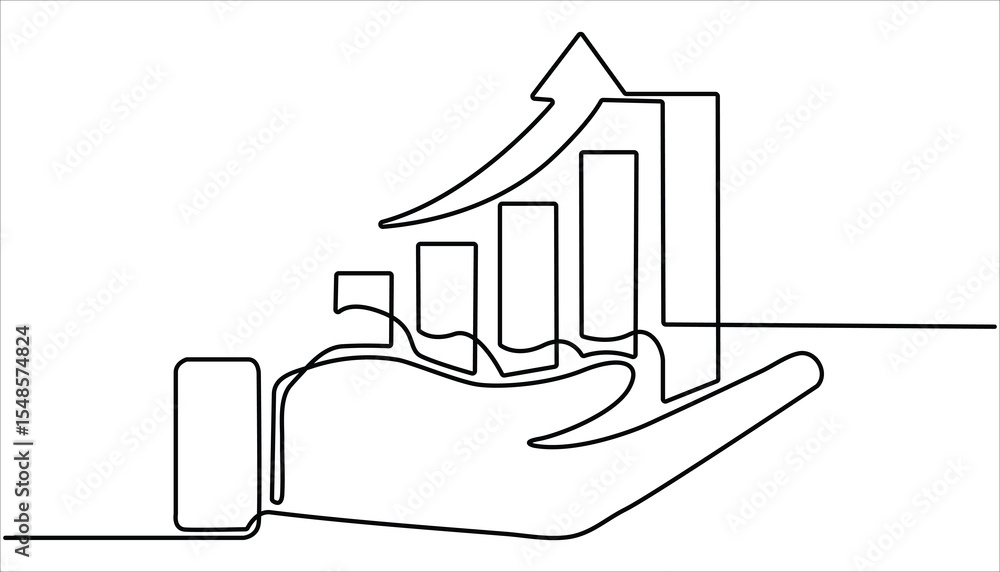 Poster growing graph continuous one line drawing illustration. line art business chart icon. one line drawi