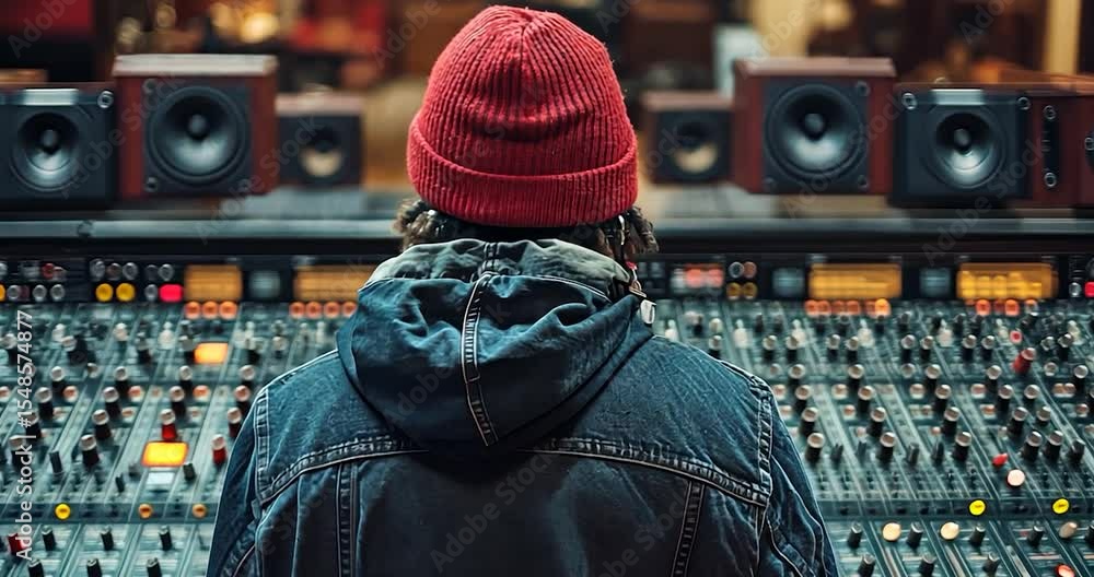 Poster Person in red beanie using a large sound mixing console.