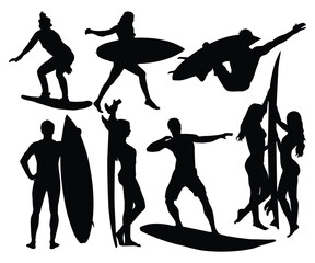 Surfer surfboard boarding female surfer surfing silhouette outline. Woman surf pose design concept. Young girl in a bikini surfing. different action, pose. sport, surfing, hobby, summer theme.