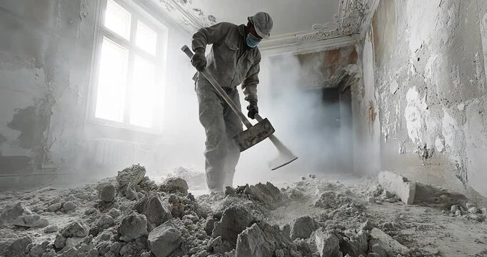 A worker demolishes a building interior with a sledgehammer, creating a cloud of dust.