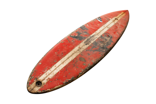 old used vintage surfboard isolated on a transparent background