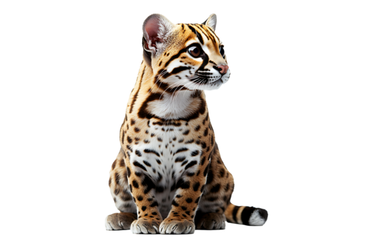 Ocelot sitting on ground isolated on a transparent background