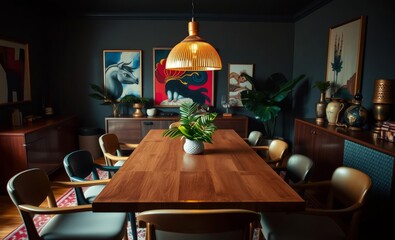 A stylish and modern dining room a symphony of textures and patterns where a shared wooden table adorned with mismatched chairs held court amidst a vibrant tapestry of eclectic decor A statement gold 