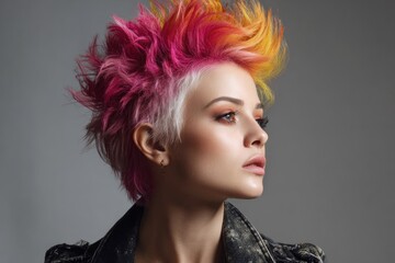 Stylish young woman with colorful hair poses for a portrait.