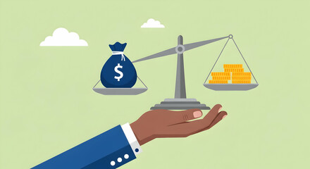 Financial Balance and Economy Concept with Hand Holding Scale Comparing Money and Wealth