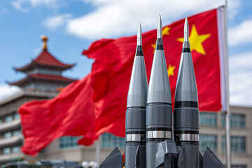 Three Missiles Against Chinese Flag And Architecture In A Display Of Military Power And National Pride With Blue Sky