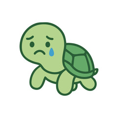 Fototapeta premium Sad cartoon turtle with tear drop and frown, green shell and body, simple flat design. Perfect for emotional stickers, kids content, and expressive illustrations.