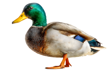 Colorful male mallard duck standing isolated on transparent background