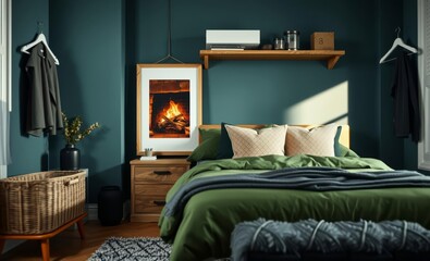 A warm and inviting bedroom scene unfolds featuring a mockup poster frame displaying a cozy image of a fireplace green bedding adorned with soft cushions a rustic wooden bedside table a white hanger w