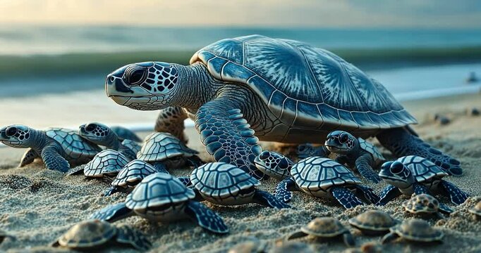 Mother sea turtle and her hatchlings on sandy beach at sunset.
