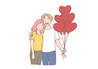 Love and relationships. Smiling couple hug holding bunch of balloons in heart shape. Happy man and woman celebrate anniversary together. Hand drawn style vector design illustrations.