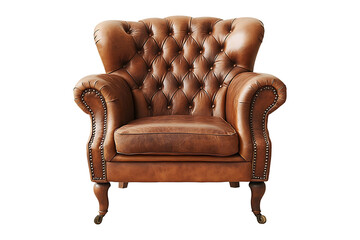 Luxury vintage brown leather armchair isolated on a transparent background