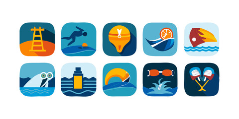 Swimming pool sport icons - swimmer, goggles, medal, water, competition vector set.