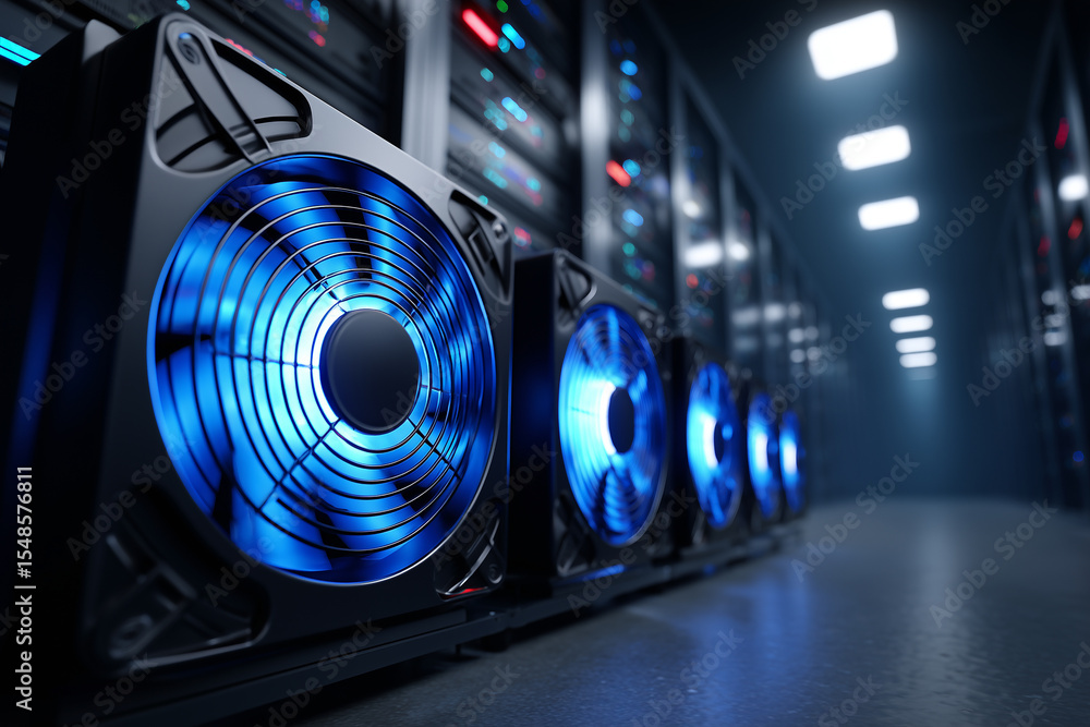 Poster data center server room with blue cooling fan system for high performance computing and information 