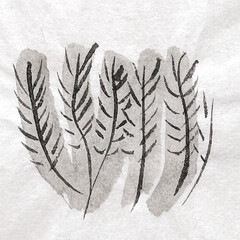grass swaying in the wind, grass leaves drawn in ink, ink painting brushstroke drawing, washi paper texture background material, brush pen art drawing, washi paper material 